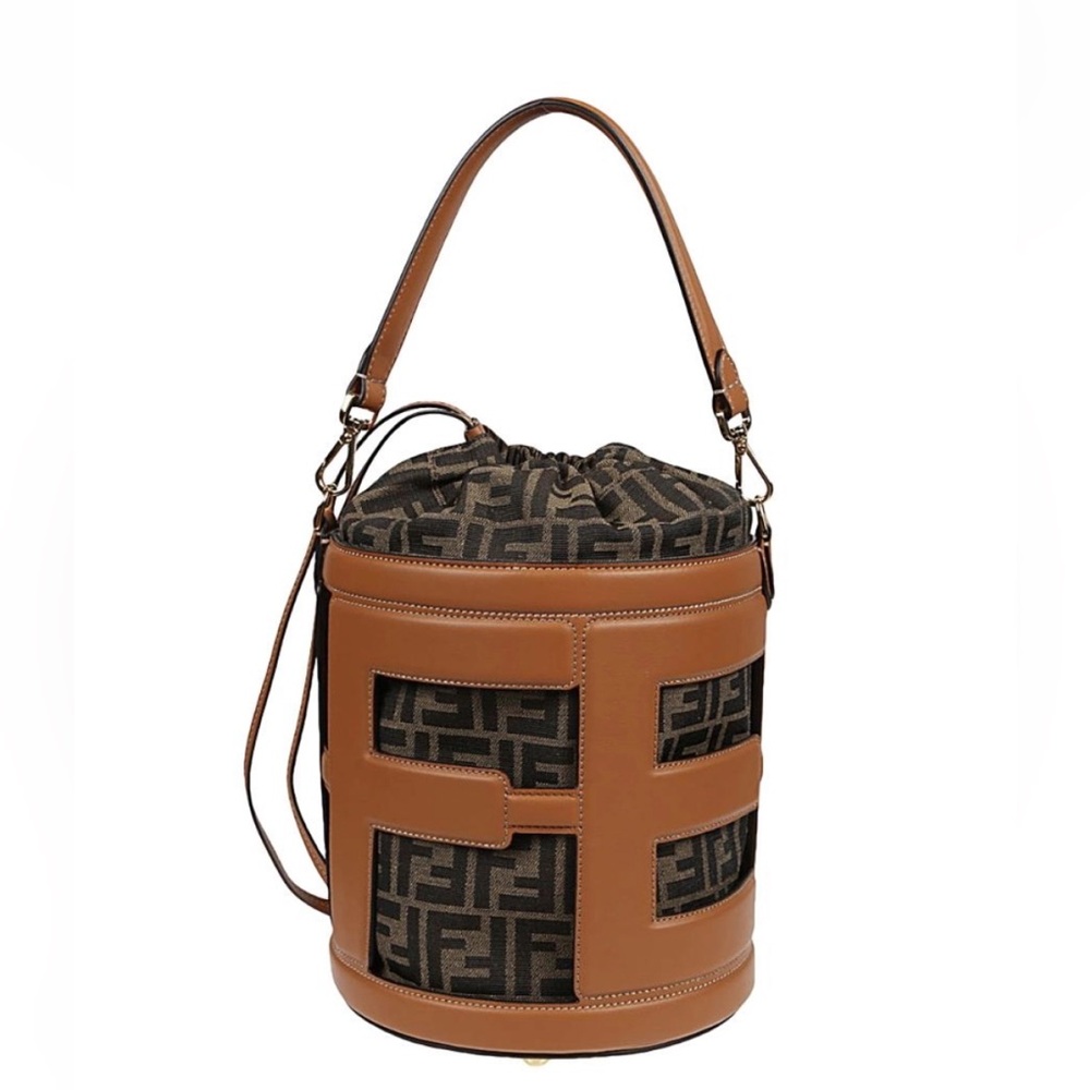 Fendi Step Out Bucket Bag Leather and Zucca Canvas Large Brown